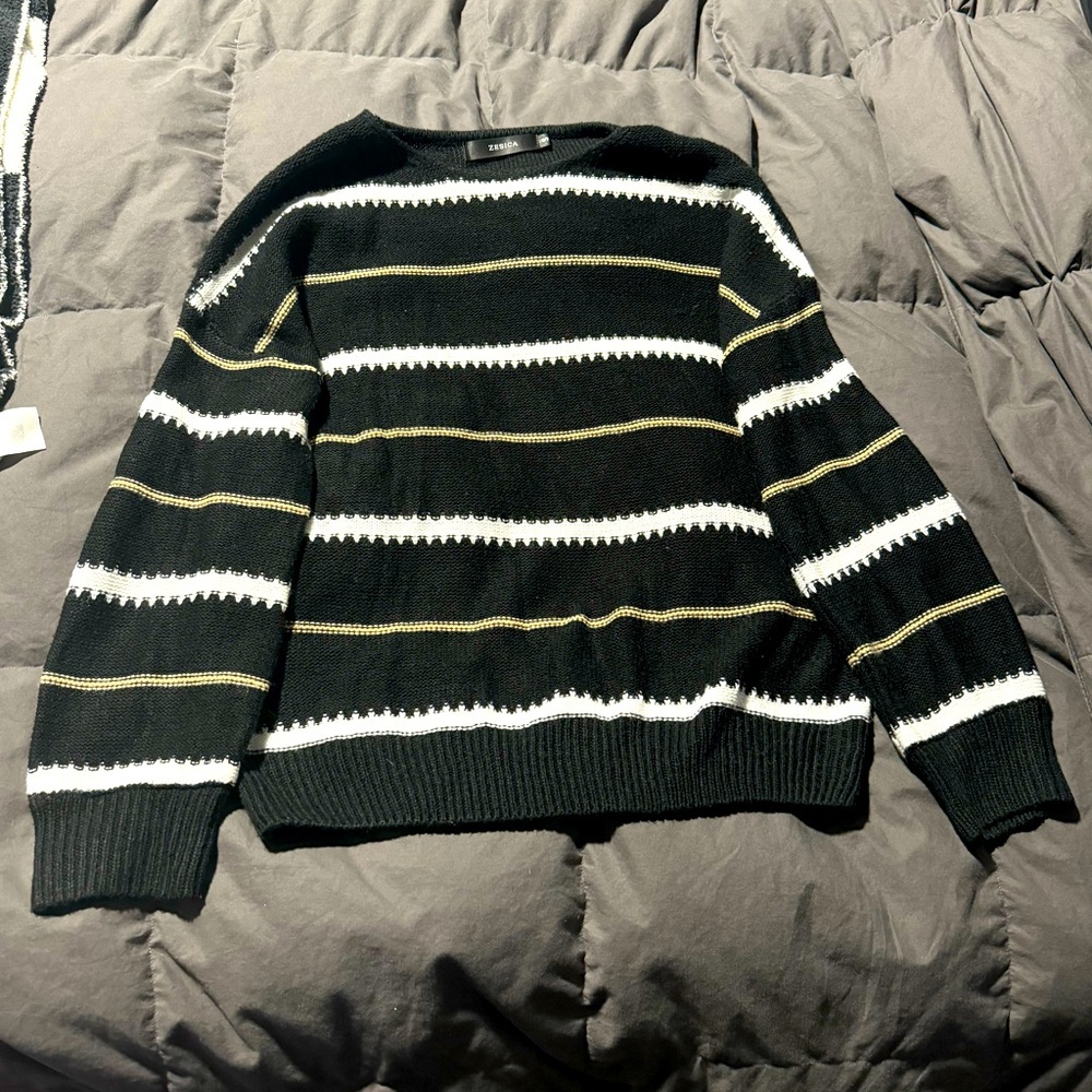 Cute Black, White, and Gold striped sweater by Zesica!